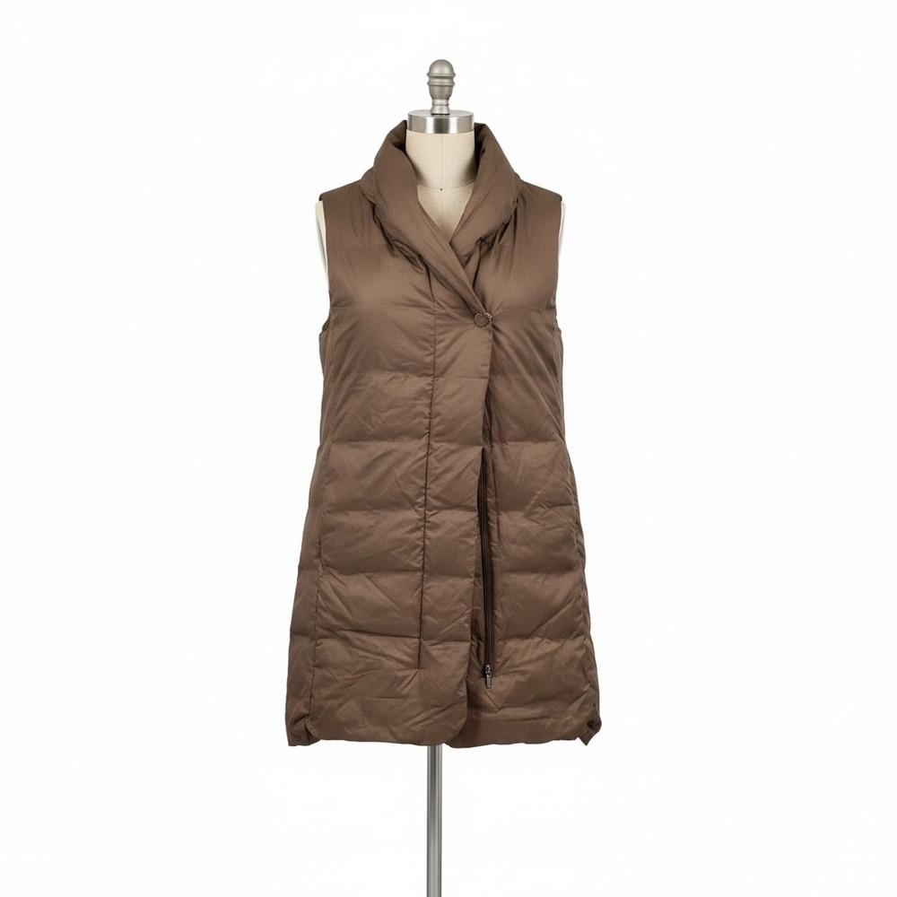Hoss Intropia Brown Down Puffer Long Vest Shawl Collar Pockets Size 40 Medium
